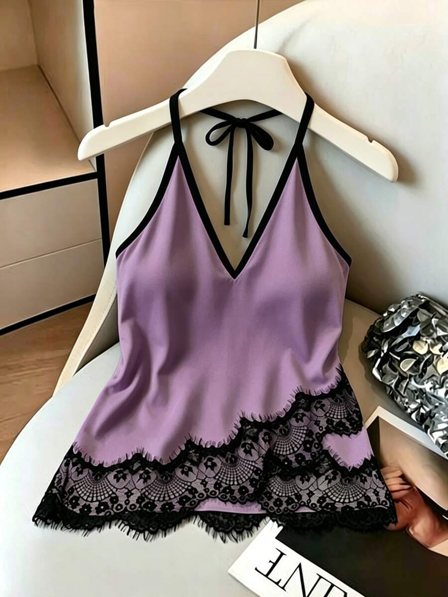 SHEIN EZwear 女款蕾絲拼接撞色休閒日常掛脖背心 - 紫色 - 查看 1
