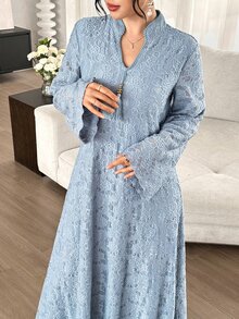 Al Najma Haze Blue Lace Stand Collar Long Robe Dress, Straight Long Sleeve Middle Eastern Muslim Abaya Dress - Dusty Blue - View 3