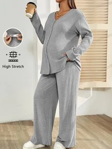 SHEIN 孕婦長袖單排扣上衣與可調腰圍長褲 2 件套 - 灰色 - 查看 3
