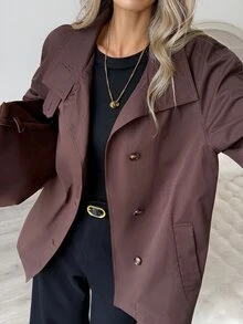 Easowa Women's Solid Color Casual Versatile Daily Travel Trench Coat Jacket - Brown - View 3