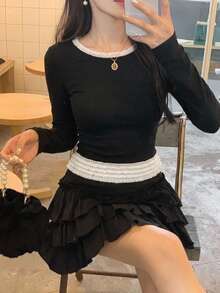 DAZY 女款蕾絲飾邊修身百搭日常長袖上衣 - 黑色 - 查看 7