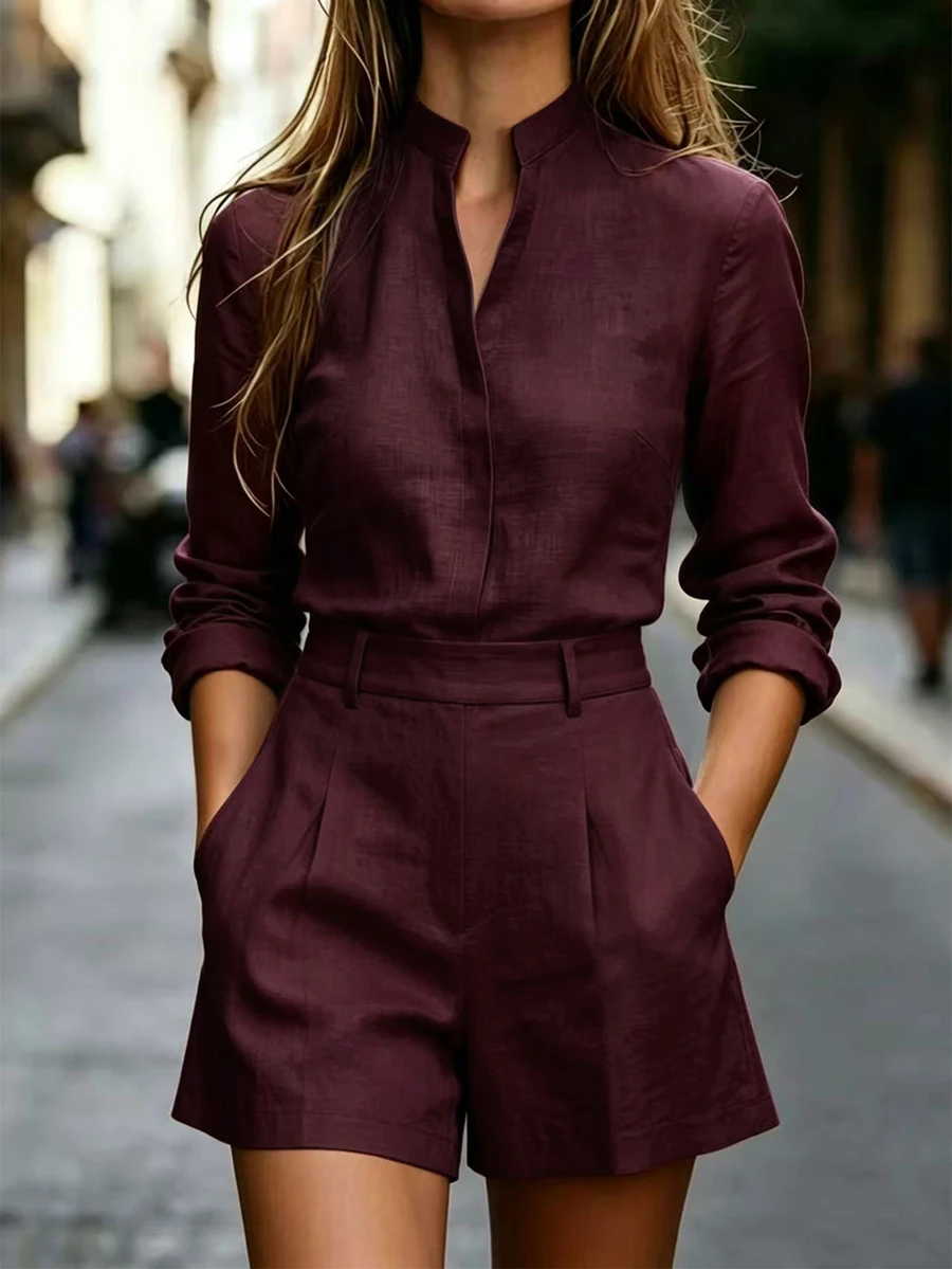 RosyDaze Women's Minimalist Long Sleeve Top And Shorts 2 Pieces Set - Burgundy - View 1