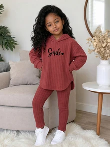 Elladie kids 女童新款玫瑰紅連帽長袖上衣與鬆緊腰休閒寬鬆軟針織長褲兩件套，春/秋季 - 玫紅色 - 查看 7