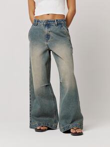 Musera Petite Wash Vintage Denim Baggy Oversized Knee Darts Jeans Autumn Winter Back To School Daily Everyday - Blue - View 2