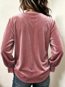 Linhara CURVE Plus Size Women's Autumn/Winter Pink Small V-Neck Button Decor Long Sleeve Petal Sleeve Loose Slimming Blouse - Pink - View 2