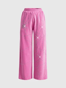 ROMWE Street Life Streetwear Pink Loose Spider Web Rhinestone Sweatshirt And Long Pants For Women - Pink - View 1