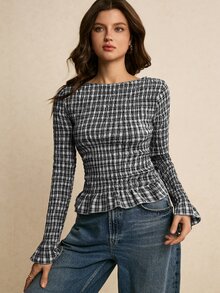 Poéselle 女款格紋圓領長袖修身時尚襯衫 - 黑與白 - 查看 7