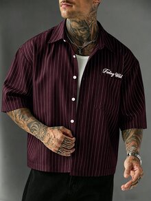 SLATEMANN Men's Letter Striped Short Sleeve Single-Breasted Casual Shirt - Burgundy - View 2