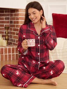 Doze Lane Classic Retro Plaid Christmas Deer Print Collared Loungewear 2 Pieces Set - Red - View 6