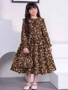 SHEIN 少女秋/冬花卉燈芯絨荷葉邊鬆緊腰A字洋裝 - 棕色 - 查看 1