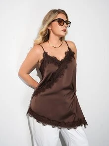 Maija Plus Size Lace Patchwork Asymmetrical Hem Cami Tank Top - Brown - View 7