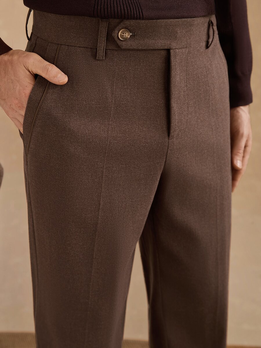 Core Aspect 2026 Spring Summer Men High Waist Brown Tweed‑Blend Dress Pants, Slim Tapered Pleated Trousers, Busi - Brown - View 1