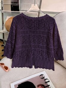 GlowEve CURVE Plus Size Elegant Hollow Out 3/4 Sleeve Round Neck Tie Bow Cardigan - Violet Purple - View 2