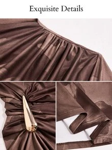 SOLERSUN Plus Size Brown Abstract Print Long Sleeve Ruched Waist Side Metal Buckle Elastic Slim Fit Mini Dress Formal Night Fall Elegant Halloween Party Dress - Brown - View 9