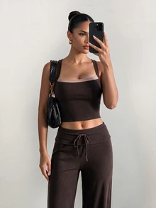 Easithlete Women's Solid Color Drawstring Waist Casual Daily Travel Sports Long Pants - Coffee Brown - View 3