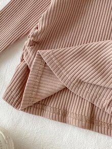 SHEIN 2Pcs Baby Unisex Ribbed Knit Hooded LongSleeve Top & Flare Pants Set, Casual Solid Color Outfit - Coffee Brown - View 5