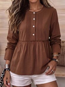 Holdful Holdful Women's Fashion Button Half-Placket Pleated Minimalist Shirt - Coffee Brown - View 1