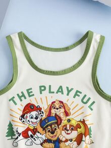 SHEIN | PAW Patrol طقم تانك توب وشورتات بطباعة كرتونية وحروف للأولاد الصغار - اخضر زيتون - مشاهدة 4