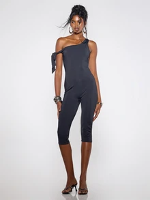 MUSERA Tie Detail Off The Shoulder Fitted Capri Jumpsuit Fall Winter Festival Cool Women Outfit - Black - View 1