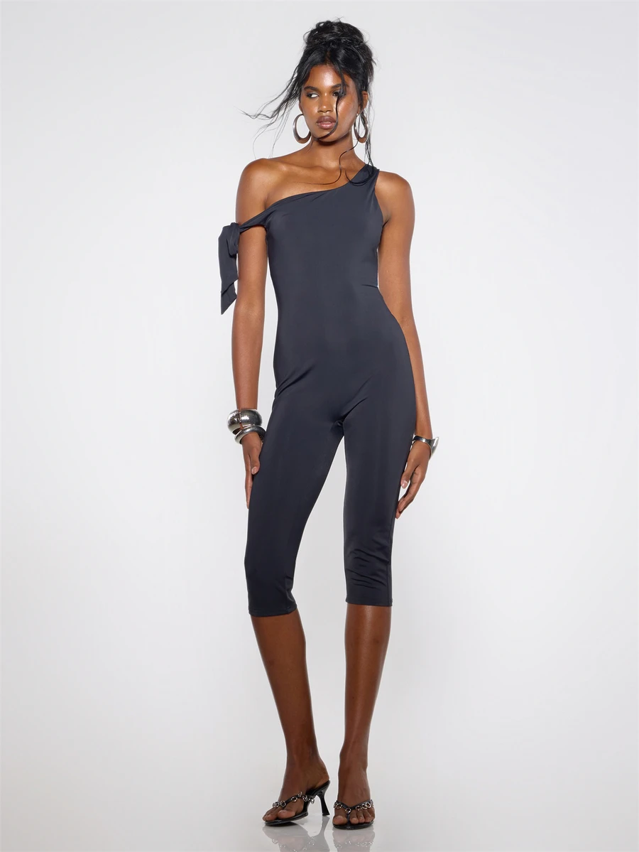 MUSERA Tie Detail Off The Shoulder Fitted Capri Jumpsuit Fall Winter Festival Cool Women Outfit - Black - View 1