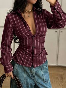 StreetHx 女款條紋單排扣休閒修身襯衫 - 酒紅色 - 查看 4