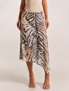 SHEIN BAE Fall Apricot Animal Print High Waist Asymmetrical Flowy Chiffon Midi Skirt Vacation Boho Date Street Casual Beach - Multicolor - View 8