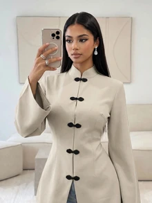 Veilorie Women's Long Sleeve Arabic Style Top With Frog Button Design - Khaki - View 1