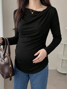 Dazy Maternity Solid Color Fitted Ruched Long Sleeve Casual Daily Vacation Spring Autumn Maternity T-Shirt - Black - View 4