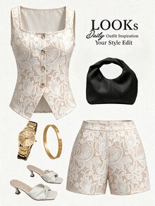 Lavishia Women's Lace Print Single-Breasted Vest And Shorts Elegant 2 Pieces Set - Apricot - View 2