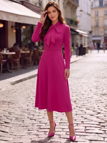 Editum Gaun Pesta Kasual Wanita Warna Polos dengan Kerah, Panjang Sedang - Hot Pink - View 4