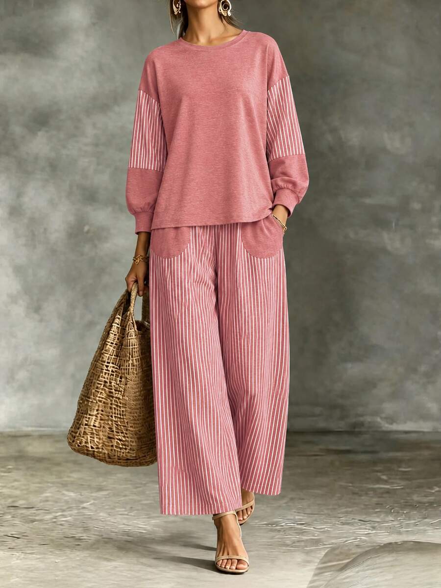 SHEIN Franclia طقم نسائي كاجوال يومي من قطعتين: ملابس علوية برقبة دائرية مخططة بأكمام طويلة وبنطال - الأحمر - مشاهدة 1
