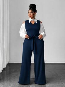 Maweii Plus Size Women's Sexy Jumpsuit, Black & White Colorblock, Commute Daily Office Wear, Shirt Collar, V-Neck Design, Waist Tie, Dropped Shoulder, Cutout Detail - Navy Blue - View 1