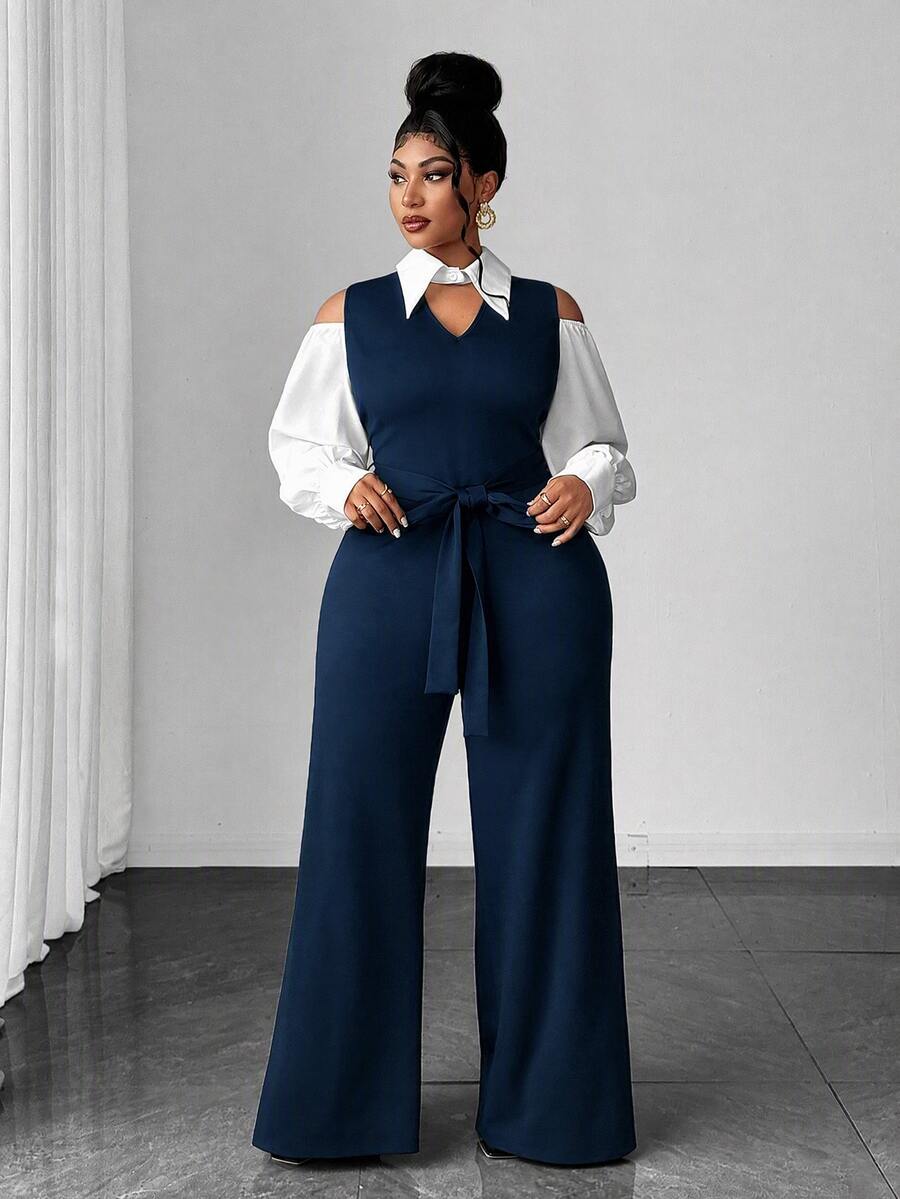 Maweii Plus Size Women's Sexy Jumpsuit, Black & White Colorblock, Commute Daily Office Wear, Shirt Collar, V-Neck Design, Waist Tie, Dropped Shoulder, Cutout Detail - Navy Blue - View 1