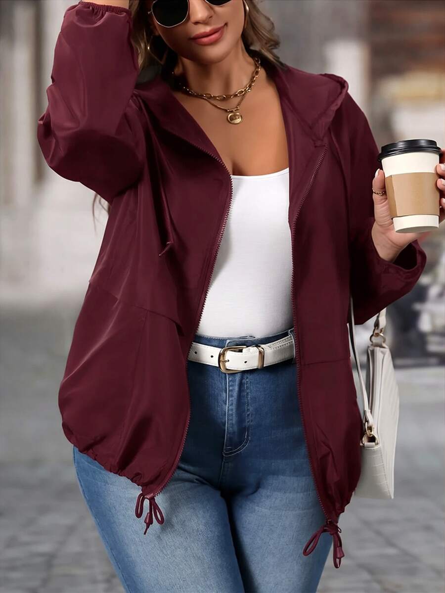 EMERY ROSE Plus Size Women's Solid Color Long Sleeve Zip-Up Casual Hooded Jacket - Burgundy - View 1