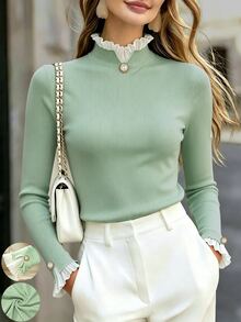 RosyDaze Autumn/Winter Sweet & Gentle Style Pink Ribbed Knit Base Layer Top, Chiffon Frill Trim Semi-High Neck Pearl Button Fitted Flare Long Sleeve T-Shirt, Versatile Inner Layer Top For Commute And Date - Green - View 1