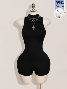 SHEIN ICON Women's Stand Collar Back Patchwork Chinese Dragon Mesh Sleeveless Fitted Romper Unitard - Black - View 12