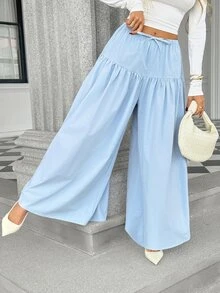 Pariaura New Loose Drape Slimming Casual Versatile Elastic Drawstring Design Slouchy High Waist Wide Leg Pants - Baby Blue - View 5