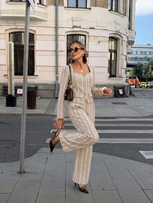 SHEIN Frenchy Women's Button-Up Striped Shirt And Loose Pants Business Suit - Apricot - View 4