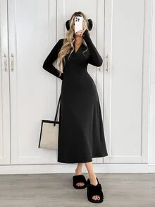 Easowa Women's Solid Color Casual Party Midi Dress - Black - View 2