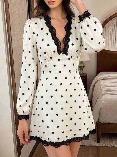 SHEIN Franclia Women's Autumn New French Elegant High-End Lace Trim Patchwork V-Neck Long Sleeve Cinched Waist A-Line Casual Short Light Apricot Polka Dot Dress