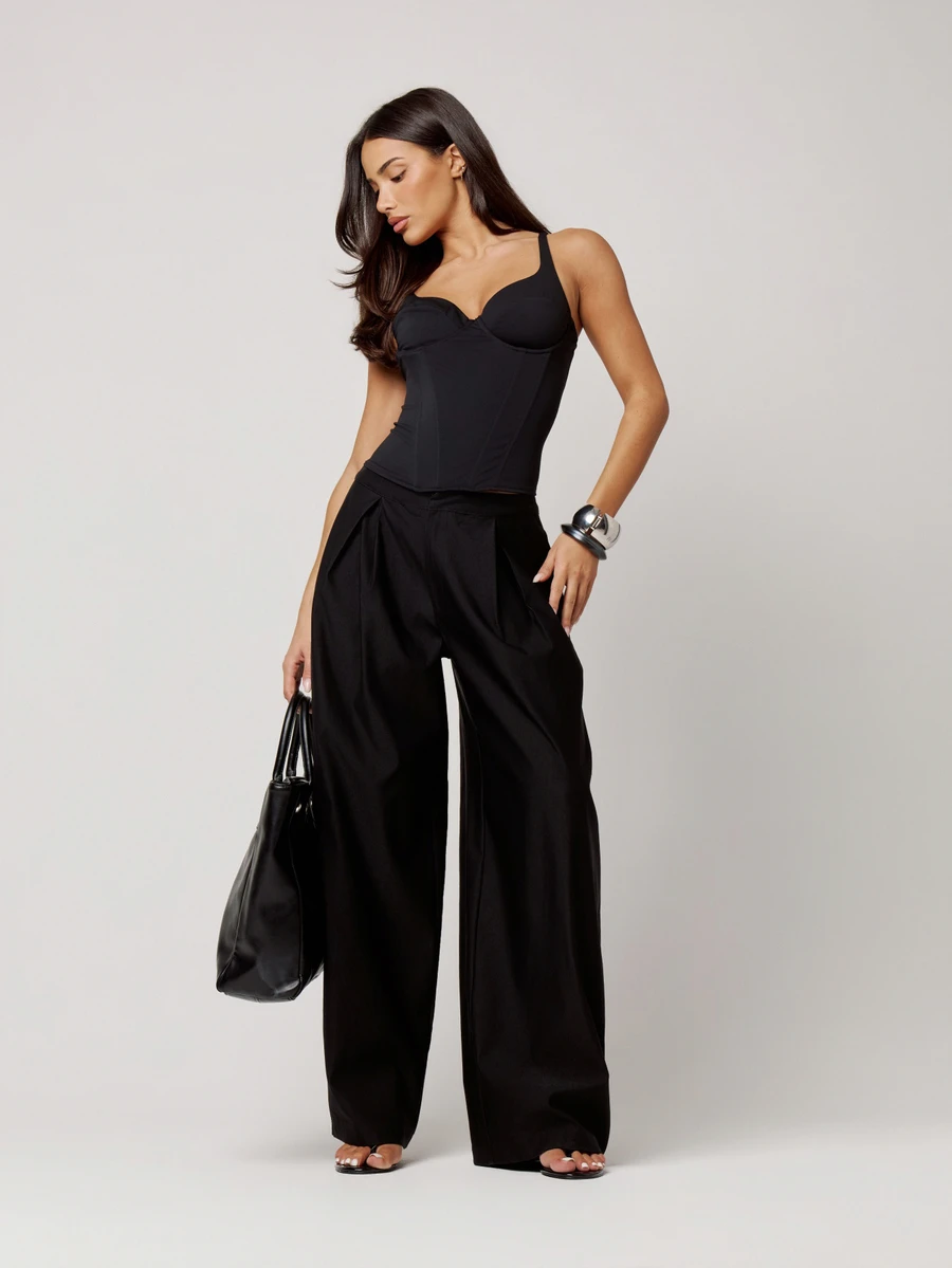 Musera Petite Black Pleated Wide Balloon Leg Suit Trousers Fall Autumn Winter Back To School Daily Everyday - Black - View 1
