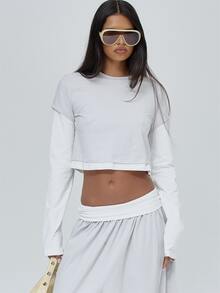 MUSERA Double Layered Long Sleeve Cropped Crewneck Tee Fall Autumn Winter Cute City Holiday Coolgirl Back To School Blancs - Grey - View 2