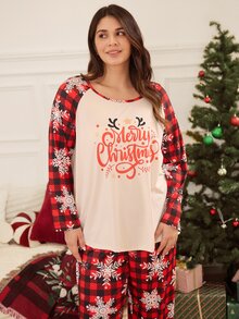 SHEIN Christmas Element English Print Raglan Sleeve Long Sleeve Pants Plus Size Pajama Set - Multicolor - View 4