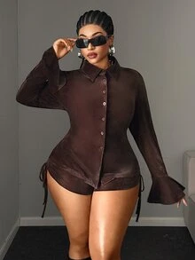 Maweii Sexy Slim Fit Waist-Cinching Top And High-Waist Drawstring Mini Shorts, Plus Size Brown 2 Pieces Set - Coffee Brown - View 1