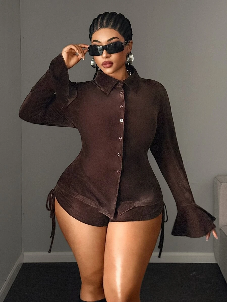 Maweii Sexy Slim Fit Waist-Cinching Top And High-Waist Drawstring Mini Shorts, Plus Size Brown 2 Pieces Set - Coffee Brown - View 1
