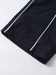 SHEIN 3件組 青少年女孩海軍藍返校系列 藍色條紋飾邊連帽拉鍊外套、背心與寬鬆褲套裝 - 藏蓝色 - 查看 6