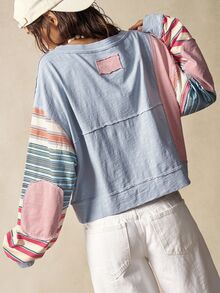 Bohemela Plus Size Women's Patchwork Striped V-Neck Long Sleeve Pocket T-Shirt - Multicolor - View 7