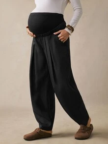 Boho Mama بنطلون طويل كاجوال يومي للحوامل بلون سادة وخصر قابل للتعديل - الأسود - مشاهدة 3