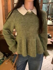 DAZY Women's Turn-Down Collar Long Sleeve Solid Color Sweater, Autumn/Winter - Mist Green - View 4