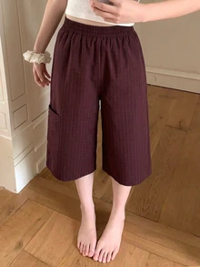 DAZY Women's Elastic Waist Striped Pocket Design Casual 7/8 Length Pajama Pants - Red - View 4